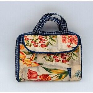 Garden Decorated Bible Cover Carrier Fabric Zippered Blue Checked Floral Handled